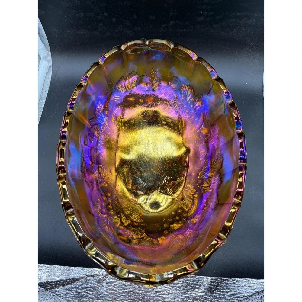 Indiana Glass Harvest Grape Marigold Carnival Glass Footed Oval Bowl Centerpiece
